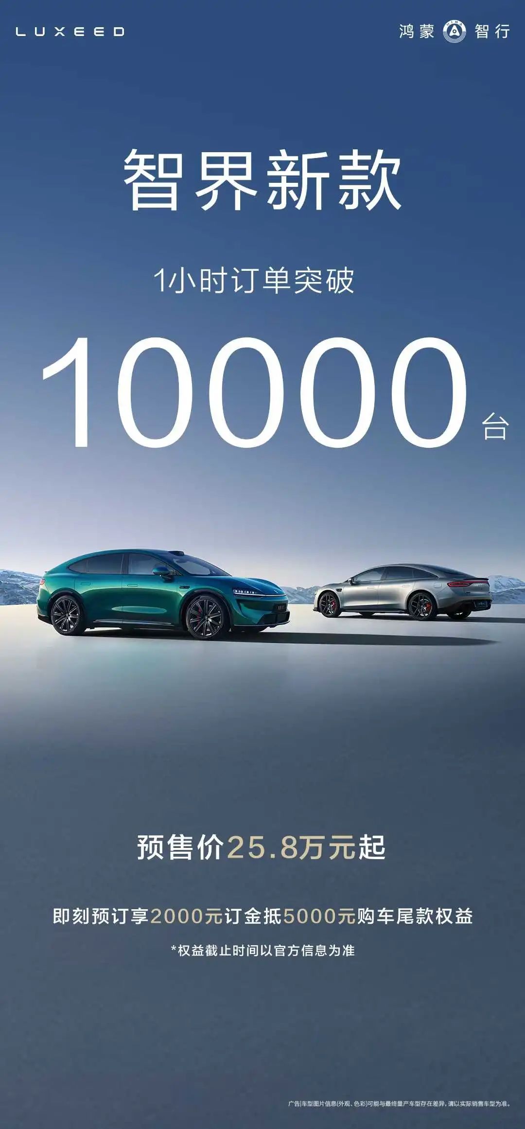 鴻蒙智行智界新款雙7車型預售1小時小訂突破10000臺